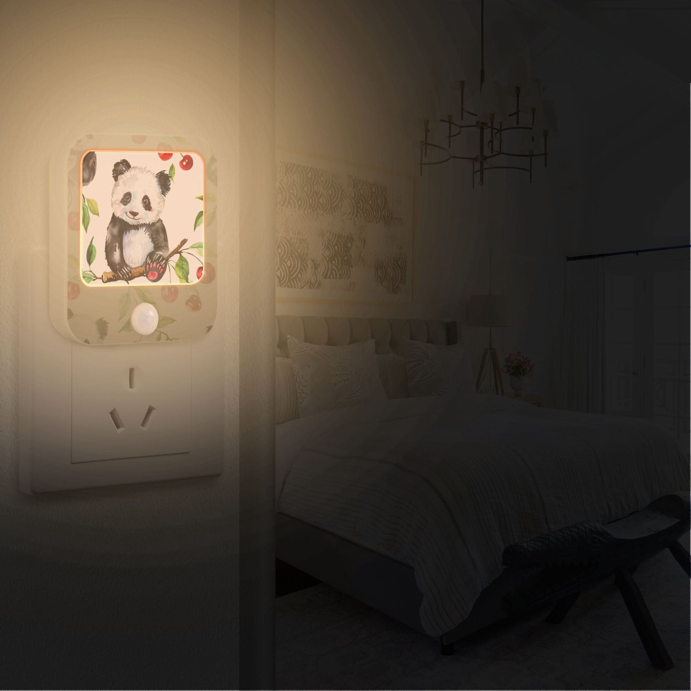 Baby Panda Cherry Night Lights Plug into Wall LED with Auto Light Sensor Warm Light for Kids Hallway Bedroom Living Room Kitchen Bathroom Set of 2