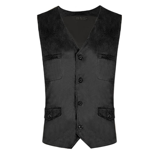 V-neck Sleeveless Vest for Men, Polyester-spandex Blend, Solid Color, Mid-calf Length, Pockets Design, All-season Casual Wear
