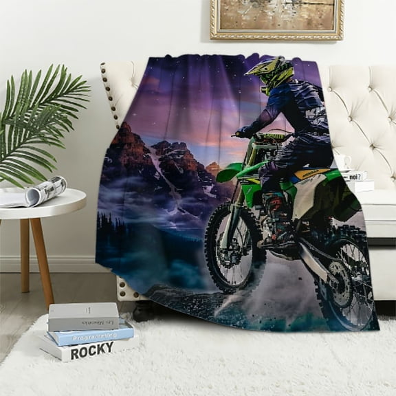 Patifu Dirt Bike Plush Blanket Motocross Rider Fleece Throw Blanket Starry Sky Sherpa Blanket for Sofa Couch Bed Cool Motorcycle Extreme Sport Fuzzy Blanket Bright Room Decor 40x50 Inch White