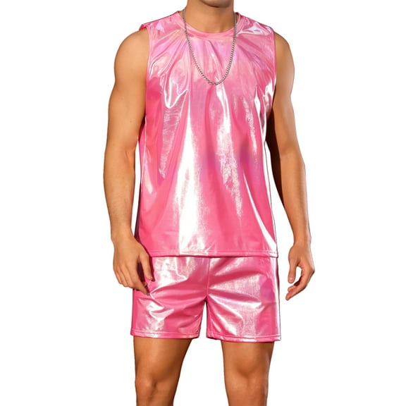 INSPIRE CHIC Holographic Tank Top and Shorts Set for Men's Party Disco Metallic 2 Pieces Outfits M Pink