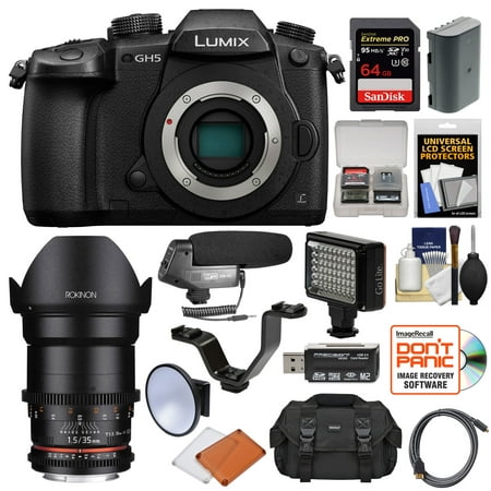 Panasonic Lumix DC-GH5 Wi-Fi 4K Digital Camera Body with 35mm T/1.5 Cine Lens + 64GB Card + Case + LED Light + Microphone + Kit