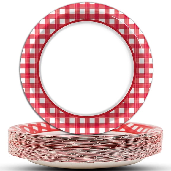 48 Count Red and White Gingham Plaid Paper Plates, Disposable Party Plates for Christmas Picnic Barbecue Birthday Family Dessert Decorations, Holiday Favors, red