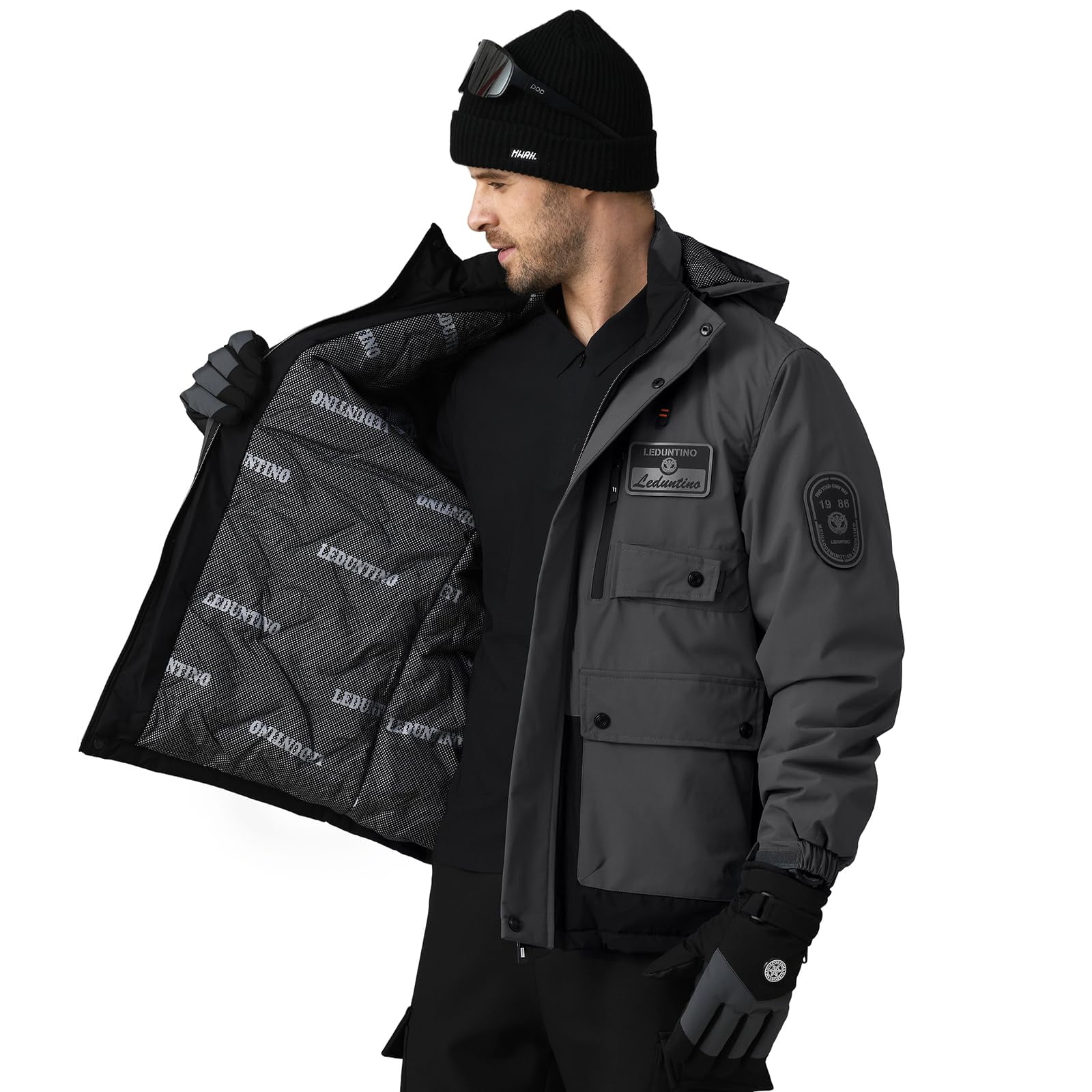 LEDUNTINO Men's Winter Jacket With Hood Water-Resistant Casual Coat Composite Fleece-Lined Outdoor Apparel For Cold Weather