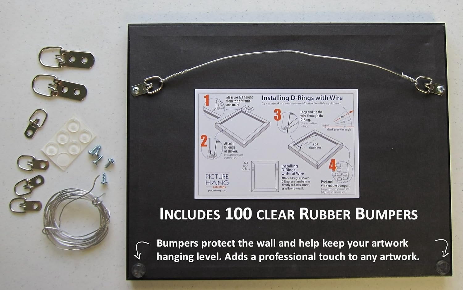Picture Hang Solutions - Picture Hanging Kit - Includes D-rings, Picture Wire, and Bumpers (Hangs 50 frames)