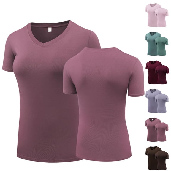 Hfnxid Women's Compression Shirt V Neck Short Sleeve T-Shirts Solid Stretch Workout Top Running Athletic Yoga Gym Basic Tops Brown XL