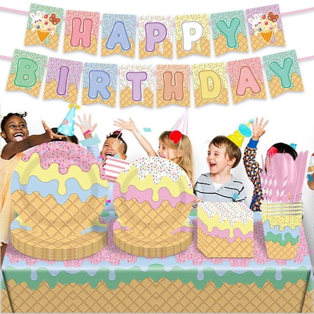 10 People Cute Pink Ice Cream Themed Birthday Party Decorations, Disposable Paper Plates, Paper Cups, Paper Towels, Tablecloths Supplies Set
