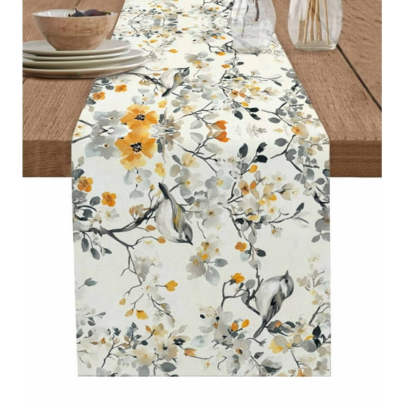 Yellow Grey Botanical Burlap Cotton Table Runner 13x90 Inches Long, Spring Floral Birds Vintage Farmhouse Table Runners, Outdoor Dining Tablecloths Decor for Baby Shower/Party/Wedding