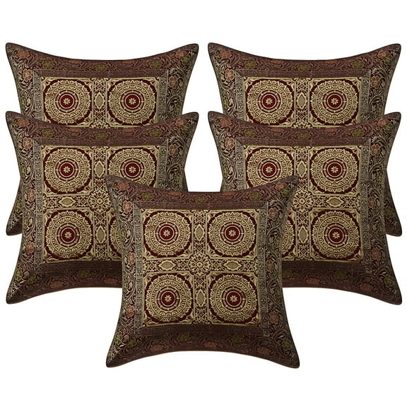 Stylo Culture Ethnic Chair Seat Throw Pillow Covers 16x16 Jacquard Maroon Square 40cm x 40cm Home Decor Brocade Floral Mandala Zippered Cushion Covers | Set Of 5