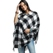 2Chique Boutique Women's Two Tone Buffalo Check  Plaid with long Fringe Poncho Black and White
