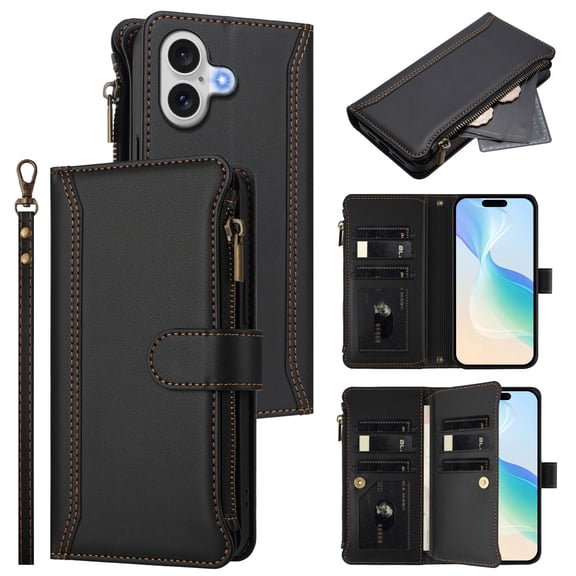 for iPhone 16 Plus Flip Wallet Case, PU Leather Protective Rugged Cover with Credit Card Slots Zipper Pocket, Shock-Absorbent Kickstand Magnetic Closure Lanyard & Shoulder Strap, Black
