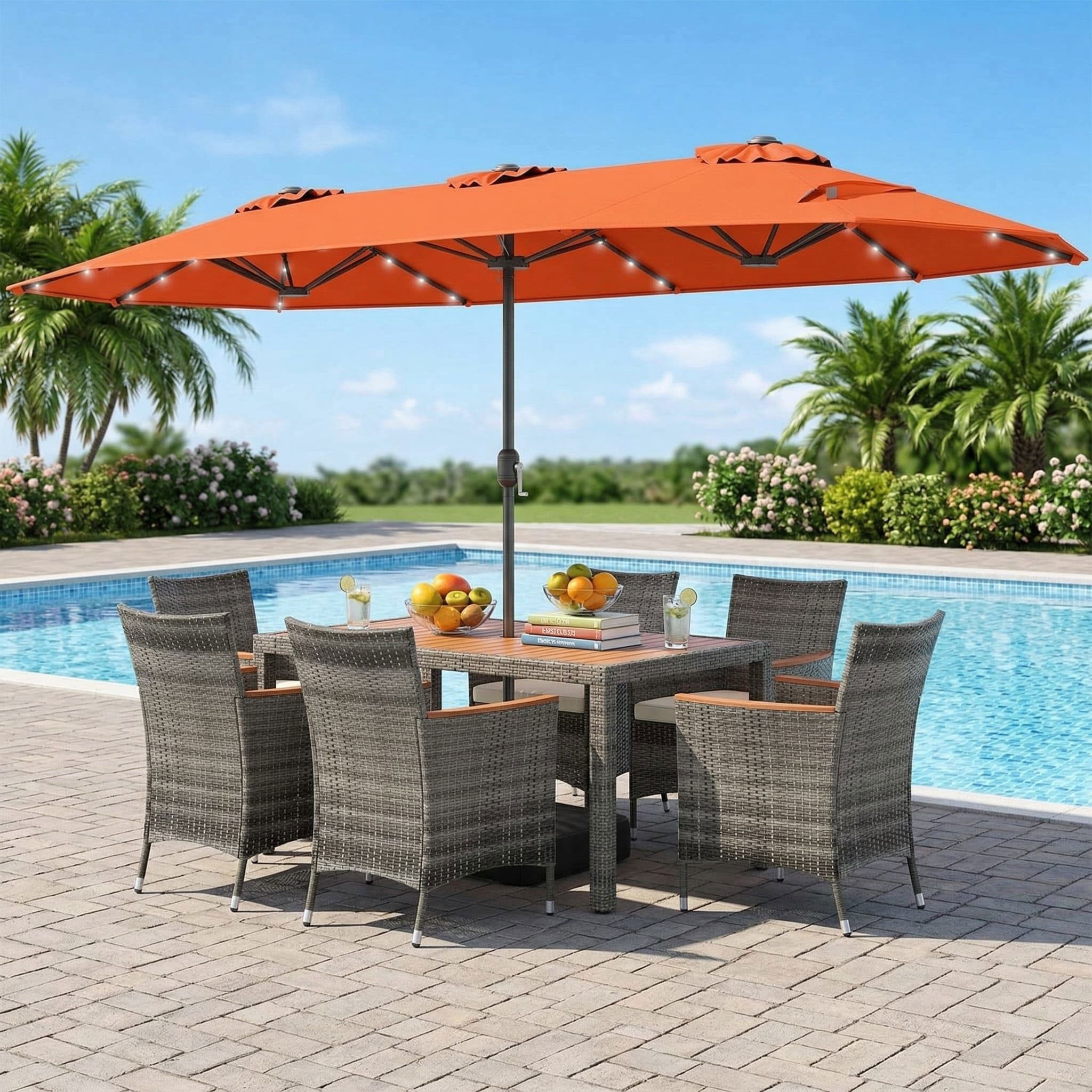 Resenkos 8 Piece Outdoor Wicker Dining Furniture Set, 13.5 FT Double Sided Patio Umbrella with Solar LED Lights for Patio Dining, Orange