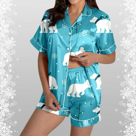 JIANJIA Womens Pajama Sets Christmas Santa Star Snowman Print Silk Satin Lapel V Neck Short Sleeve Button Tops With Shorts Sleepwear Nightwear