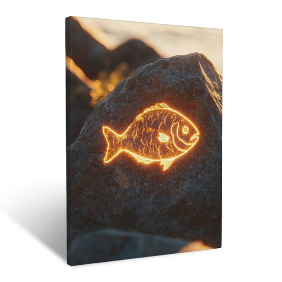 CozyNet A Glowing Fish Symbol Carved Into A Rock, Illuminated Softly Under The Light Of A Golden Sky Wall Art Prints With Frame Canvas Perfect for Living Room & Bedroom, Wall Decor 12"x16"