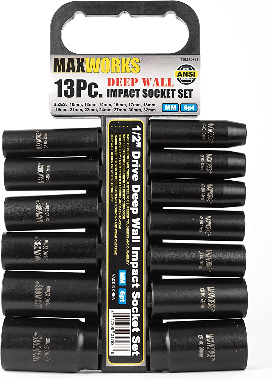 MaxWorks 80783 13-Piece 1/2" Drive Metric Impact Socket Set With Laser Etched Size Marking