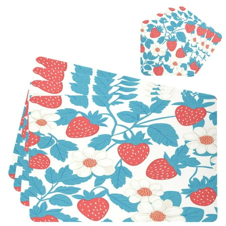 

Wobogo Retro Strawberry and Daisy Pattern Placemats Coasters Set of 4 Heat-resistant Non-slip Easy to Clean Square Dinner Plate Mat