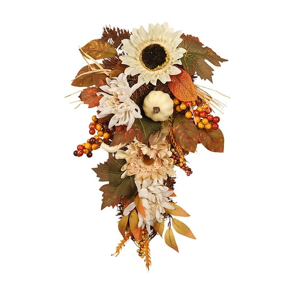 Thanksgiving Teardrop Swag, 17.7 Inch Fall Wreath for Front Door Porch with Pumpkin Sunflower Maple Leaves, Artificial Harvest Hanging Decor for Halloween Autumn Wall Fireplace Home Decoration
