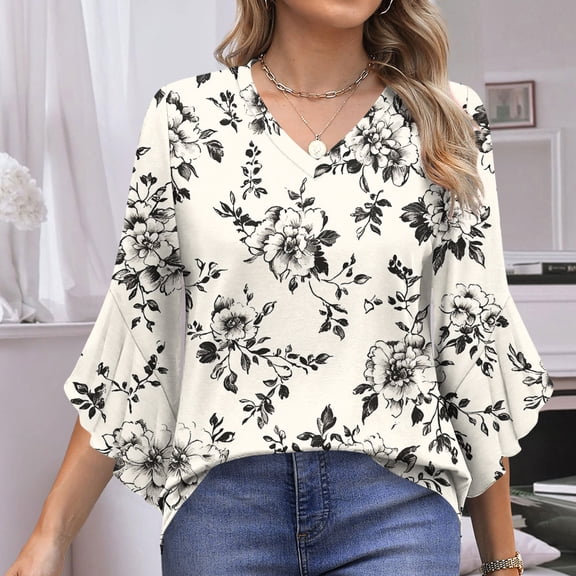 Jsaierl Women's 3/4 Length Flounce Sleeve Tops Casual V Neck Shirts Dressy Print Ladies Blouses Going Out Vacation Tunic Top S-2XL
