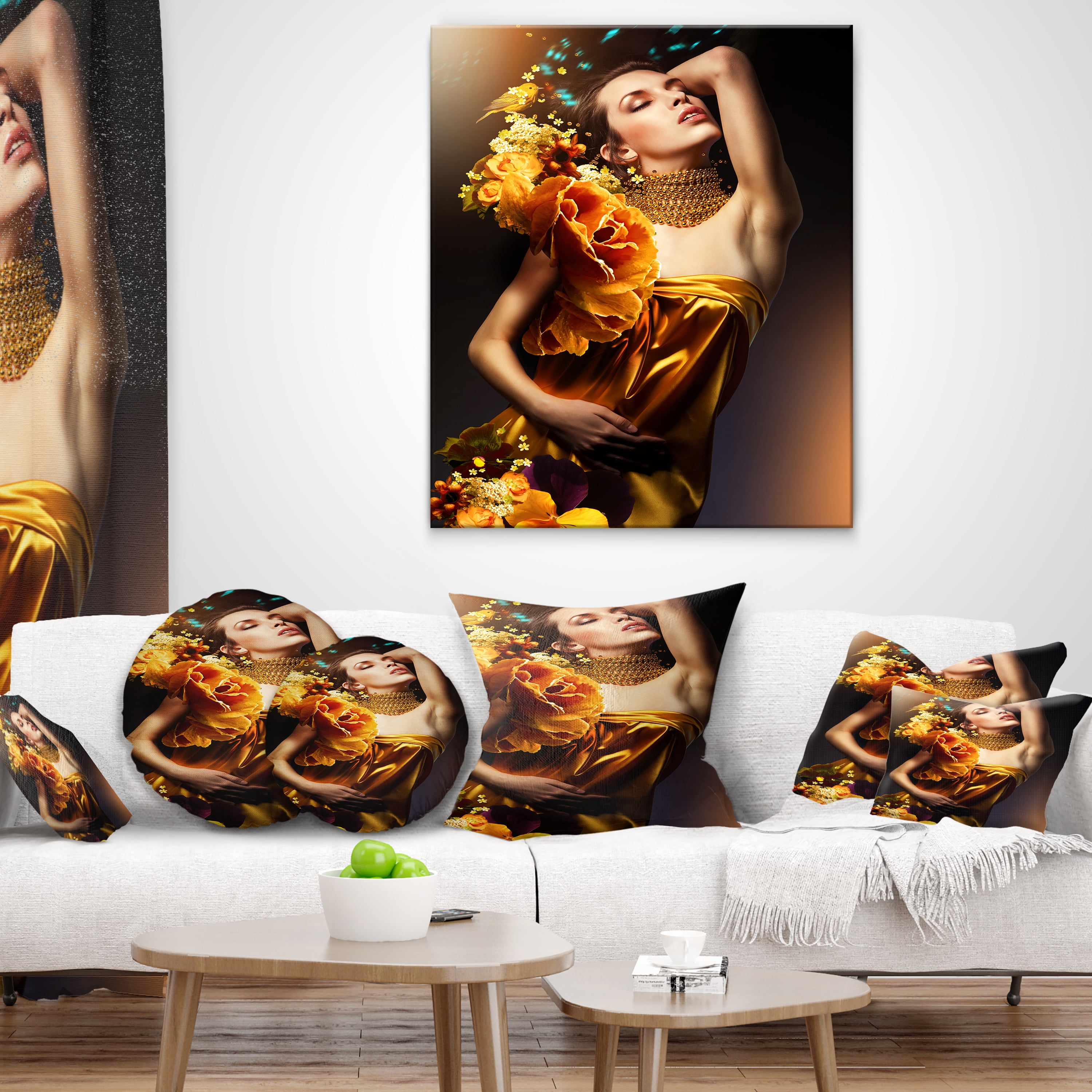 Designart Woman in Yellow Dress - Digital Art Portrait Throw Pillow - 12x20