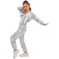 thumbnail image 2 of Hansber Kids Girls Shiny Metallic Hoodie Crop Top with Cami Vest and Pants Hip Hop Jazz Dance Outfit Silver 12, 2 of 7