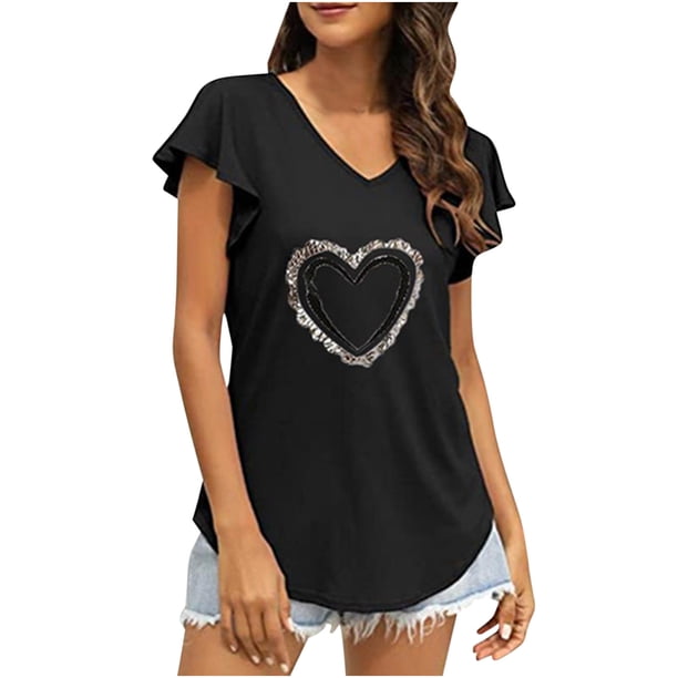 Moda mujer Casual volantes manga corta Irregular cuello en V impreso Tops blusa camisetas Pompotops hkajfhjk470464