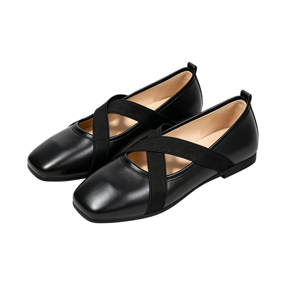 SuTry Women's Square Toe Mary Jane Flats Elastic Crisscross Strap Glossy PU Leather Lightweight Comfortable Slip On Casual Office Daily Walking Shoes(40)