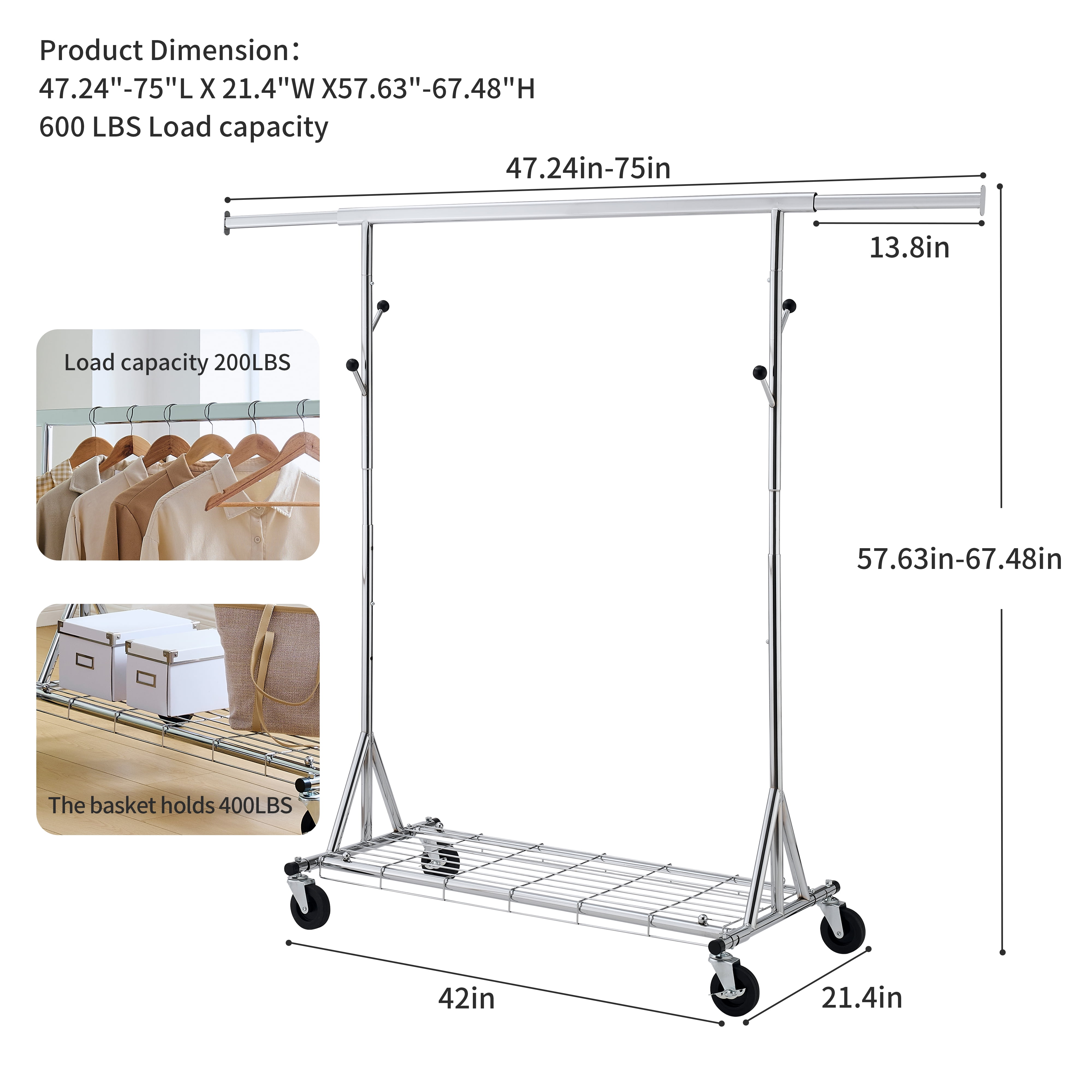 Heavy Duty Rolling Garment Rack Holds up to 600LBS, Extendable Collapsible Metal Clothing Rack with Lockable Wheels for Commercial & Home Hanging Clothes Storage