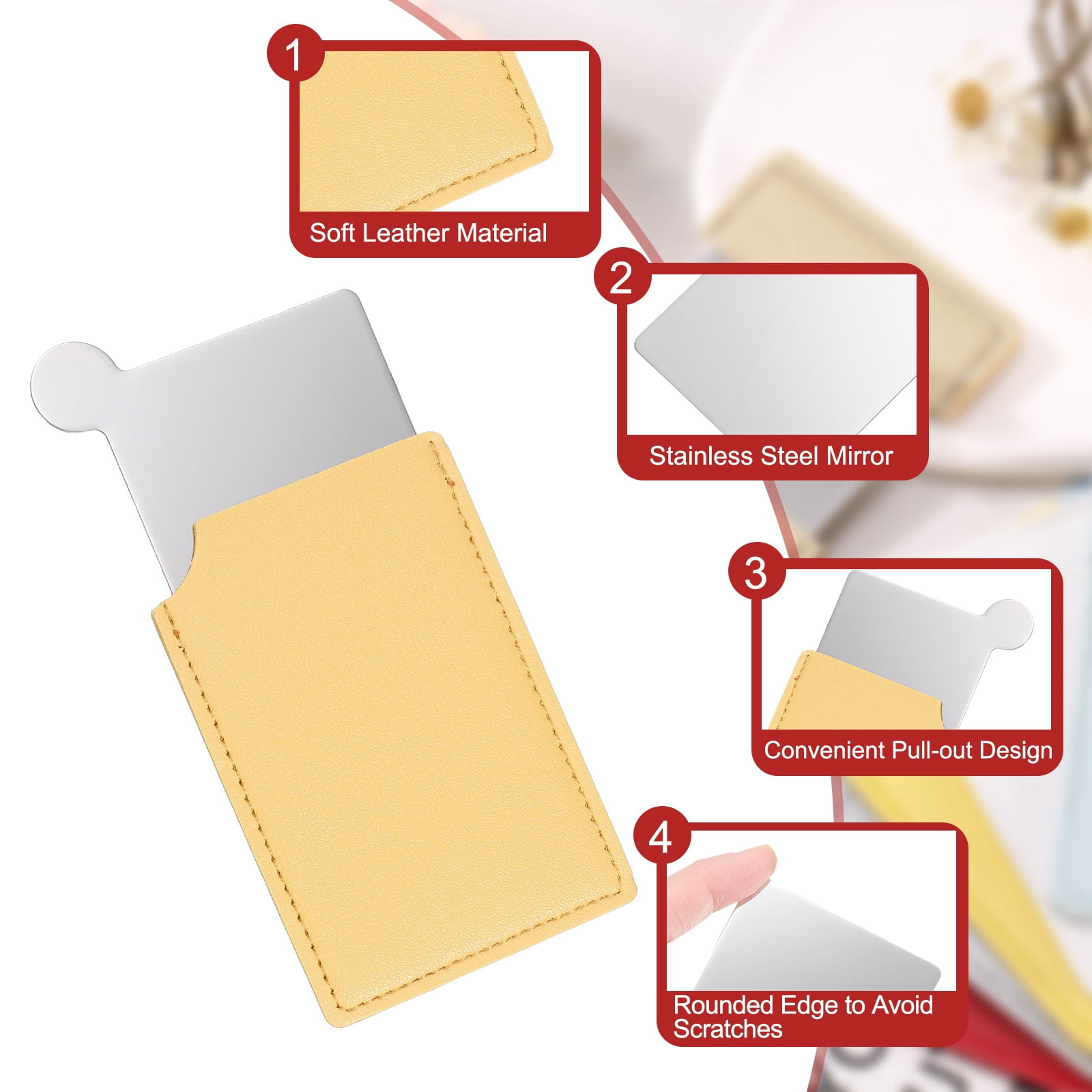 Unique Bargains Small Pocket Mirror Purse Stainless Steel PU Leather Gift Yellow