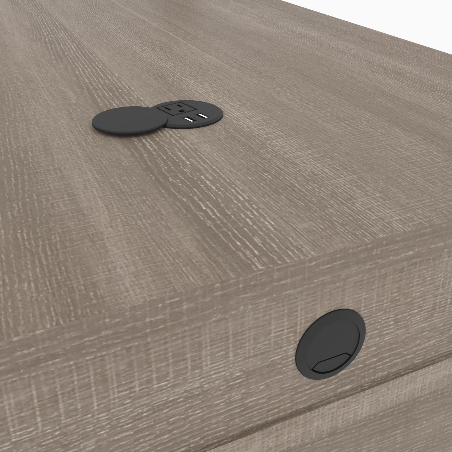 Bestar Equinox 72W L-Shaped Desk with Monitor Arms in bark grey & white