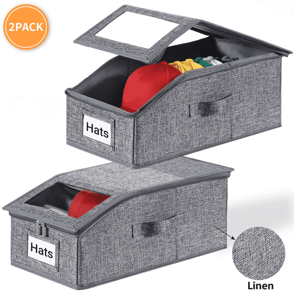 VOZOGO 2PCS Hat Storage for Baseball Caps, Stackable Hat Organizer Holder, Dust-Proof Linen Hat Boxes Container with Clear Window for Home, Gray