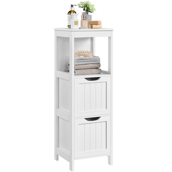 Bathroom Floor Cabinet, Wooden Storage Cabinet with 2 Drawers and Open Shelf, Multifunctional Side Organizer for Living Room, Hallway, Laundry, White