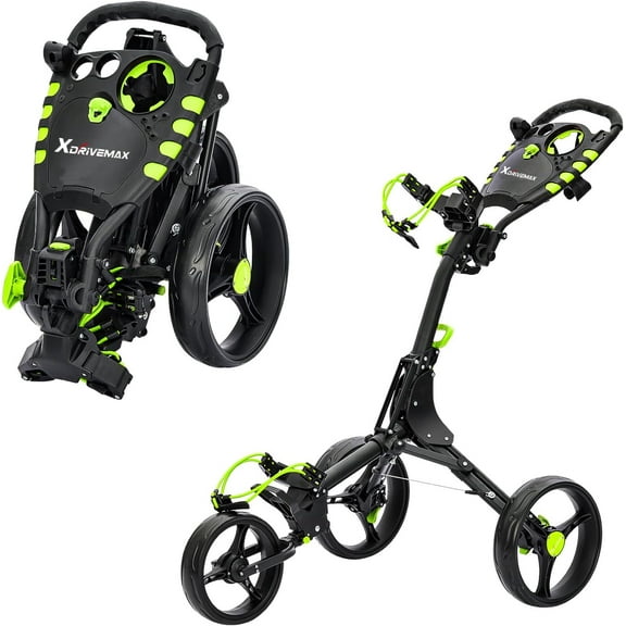 XDriveMax Golf Push Cart 3-Wheel Folding Pull Carts Lightweight with Cup Holders, scorecard Holders, and Storage, Perfect for Golf Clubs and Bags,Green