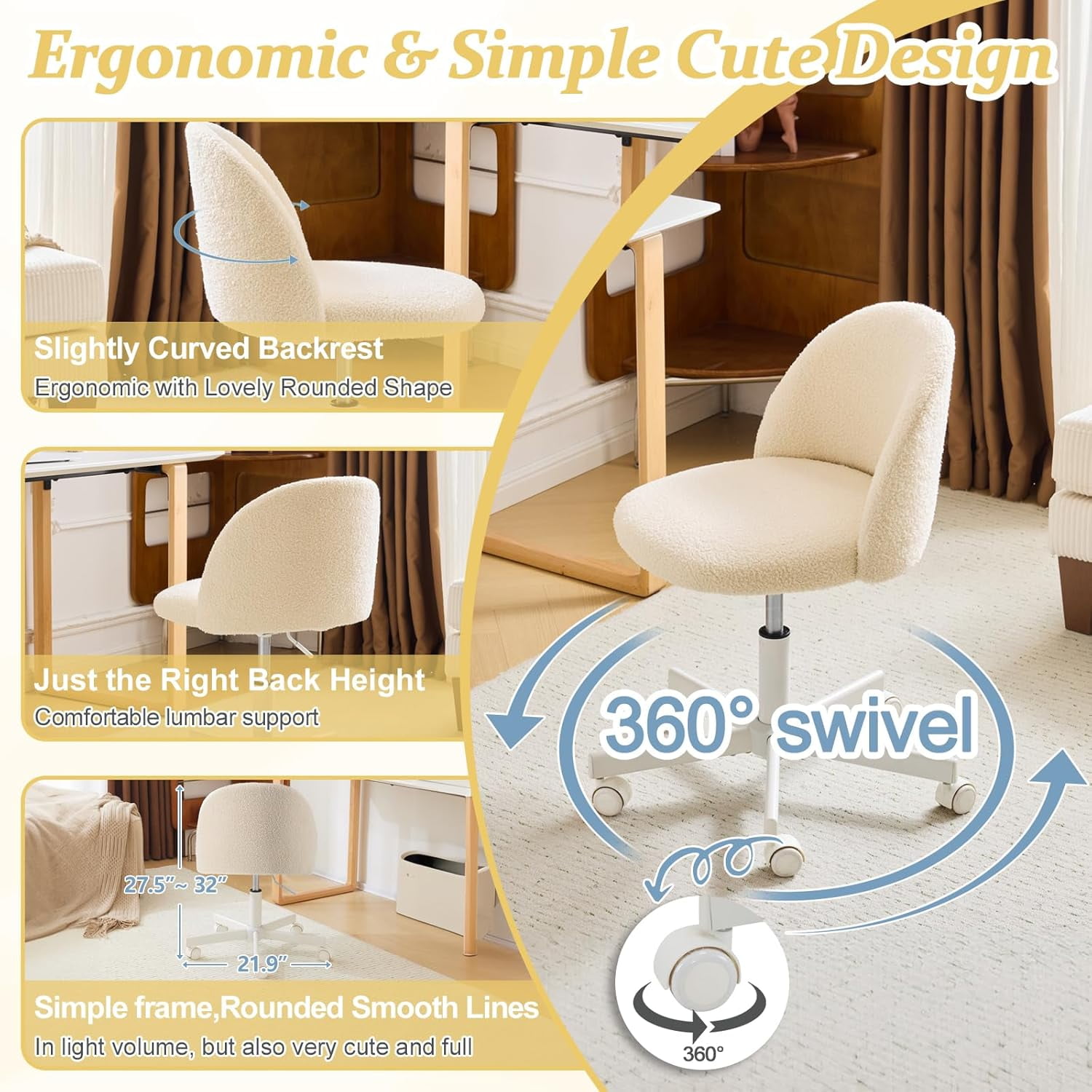 Matladin Modern Vanity Chair with Back, Silent Wheels, Velvet Desk Chair for Girls, Small Office Chair, Stylish and Comfortable