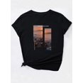 thumbnail image 2 of [Vintage Sunset Print Fashion Tee] Vintage Seaside Sunset Print Women's Casual Fashion Tee - Round Neck, Short Sleeve, Breathable Polyester, Machine Washable, Beach T Shirt, 2 of 7