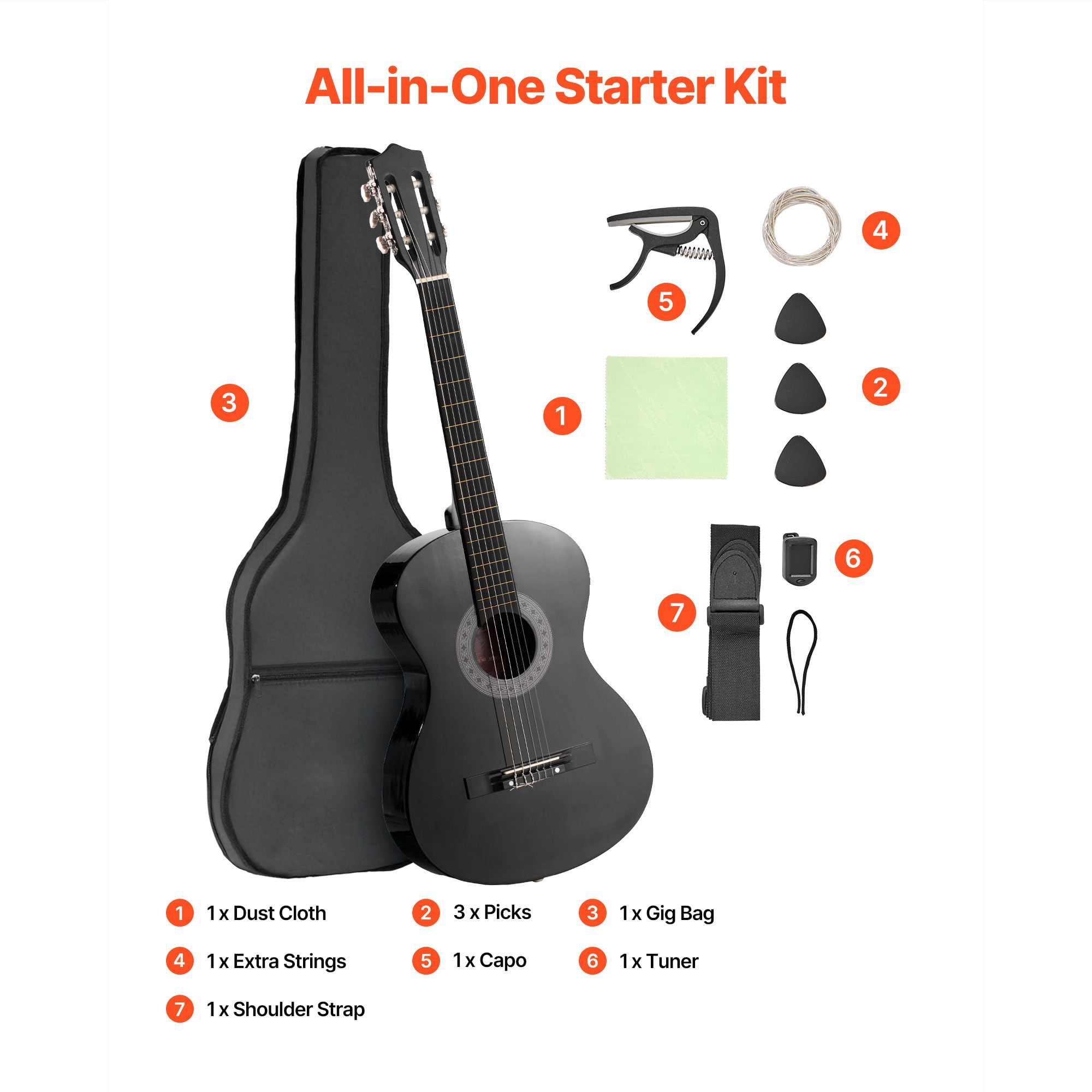 Classical Guitar Starter Set 38 Inch, Nylon String Wooden Full Set of Accessories with Tuner Capo, Teen Adult Student, Black