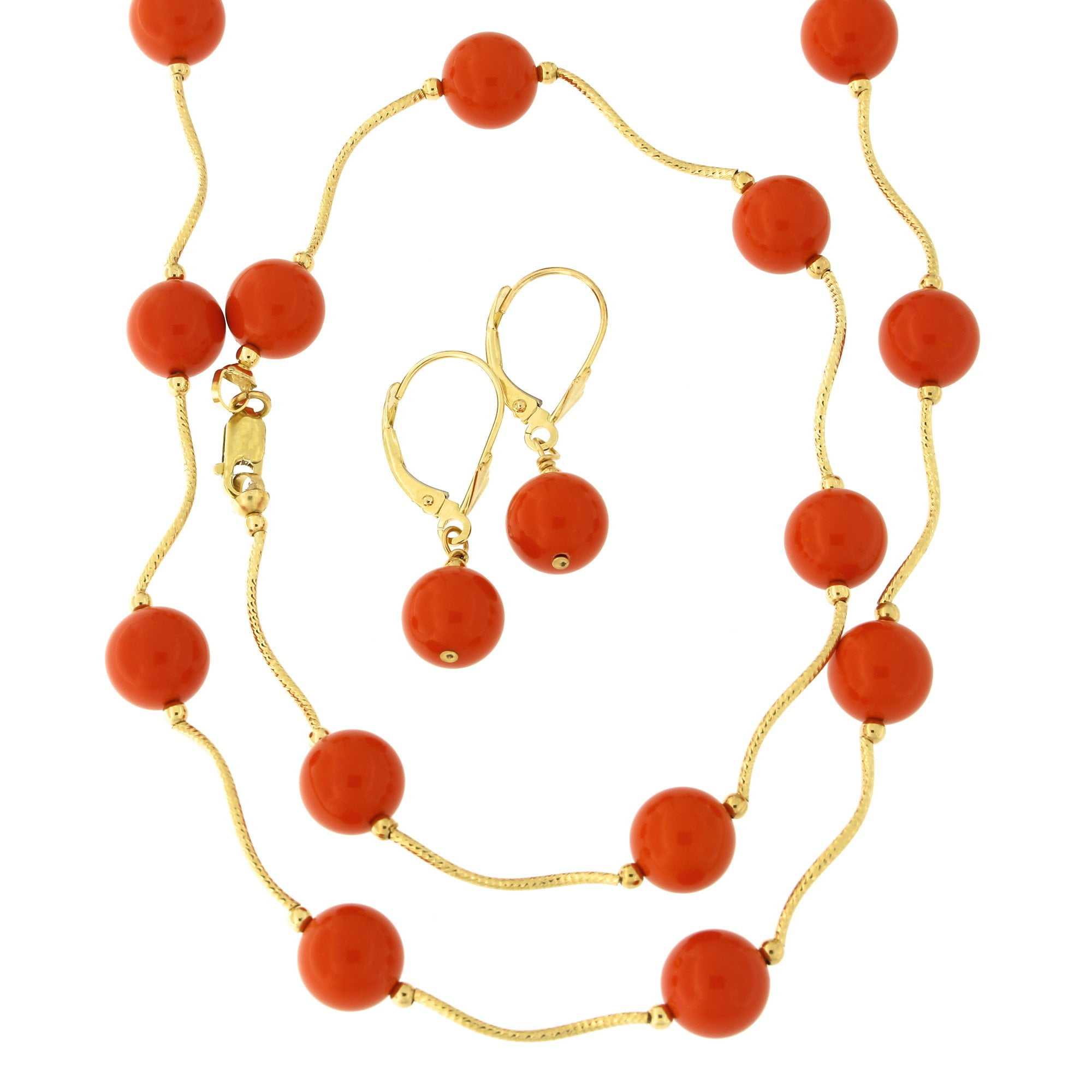 14k Yellow Gold Diamond Cut 8mm Simulated Coral Station Necklace, Earrings and Bracelet Set by