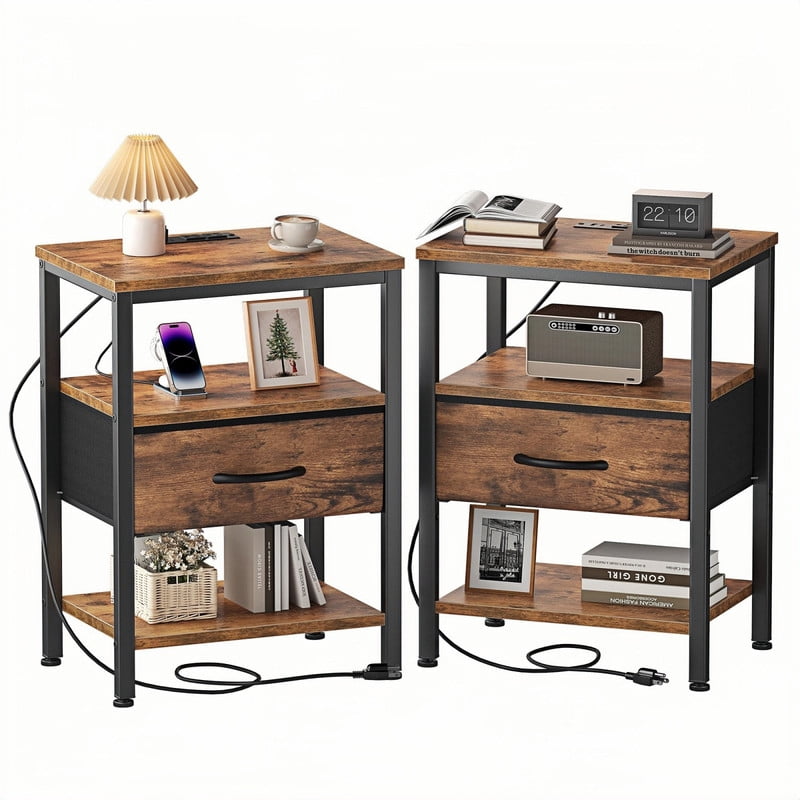 Kelno 2PCS Nightstand with Fabric Drawer Charging Station USB TypeC Outlets Small Bedside Table with Adjustable Shelf, Rustic Brown