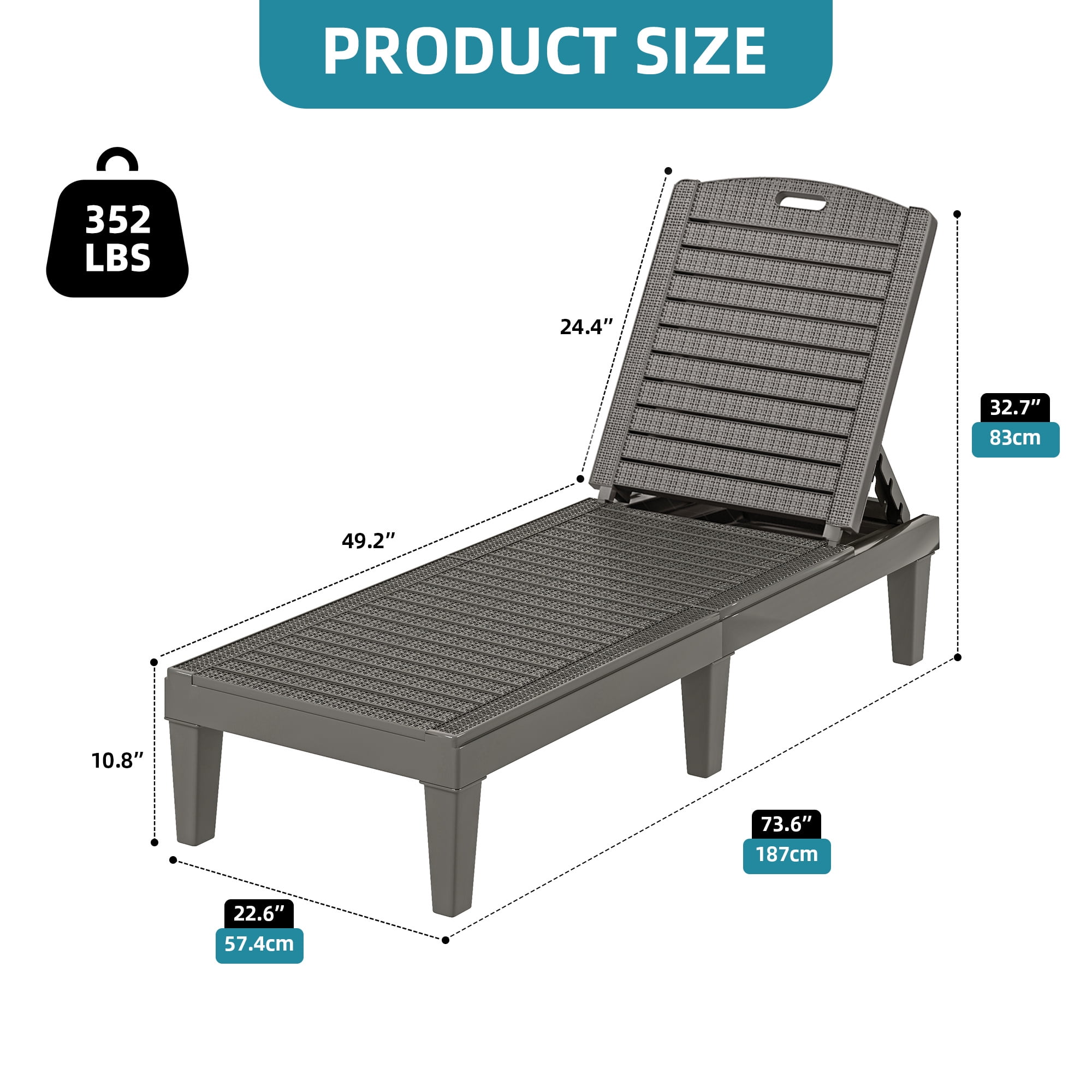 Uforic 2-Piece Outdoor Chaise Lounge Chairs, 5-Position Adjustable Backrest Waterproof Plastic Pool Loungers, Easy Assembly Patio Recliners for Backyard, Poolside and Garden, Gray