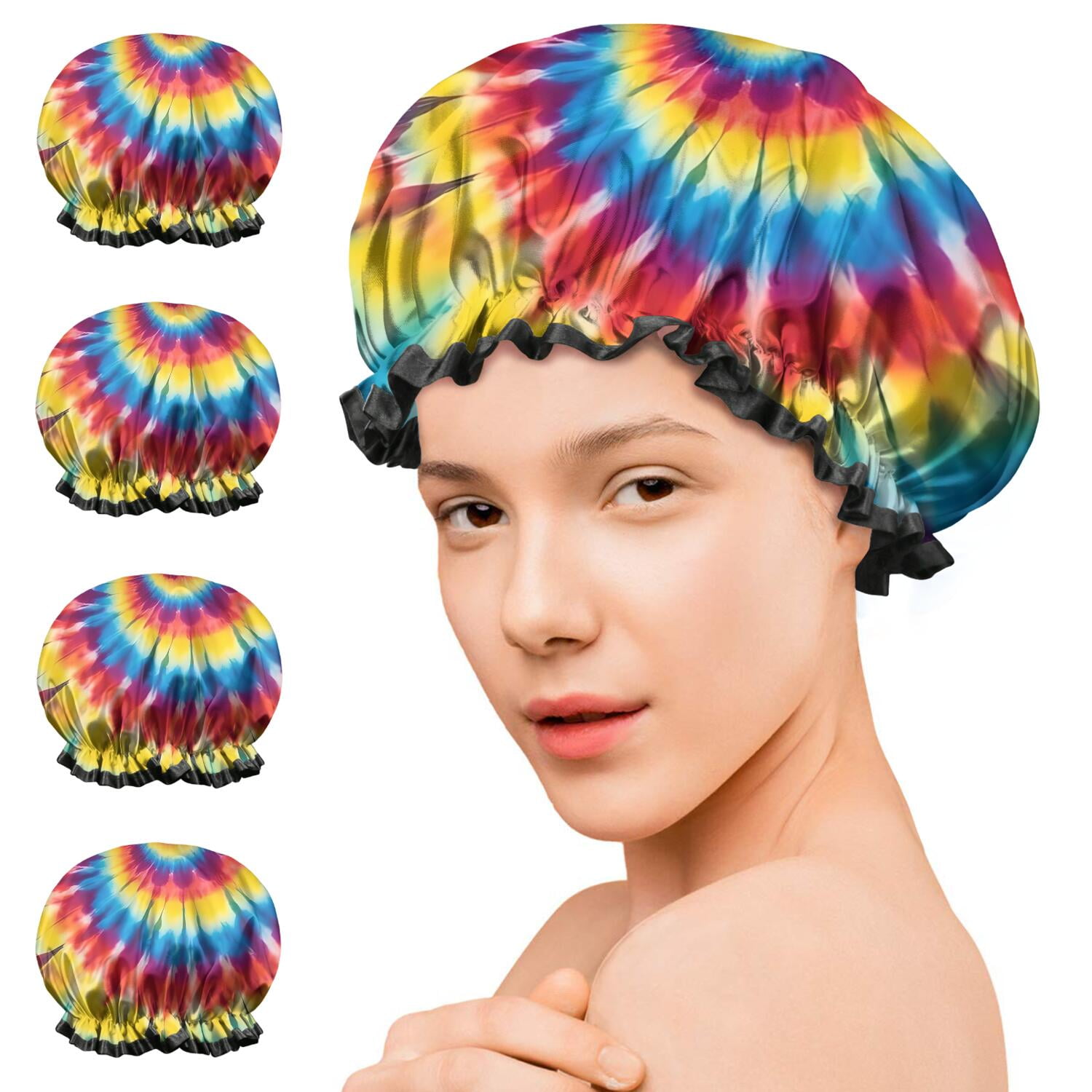 Shower Caps,Colorful Tie Dye Mandala Pattern Waterproof Shower Cap for Women 4 Pieces,Double Reusable Hair Cover for Shower PEVA Elastic Stretch Hem