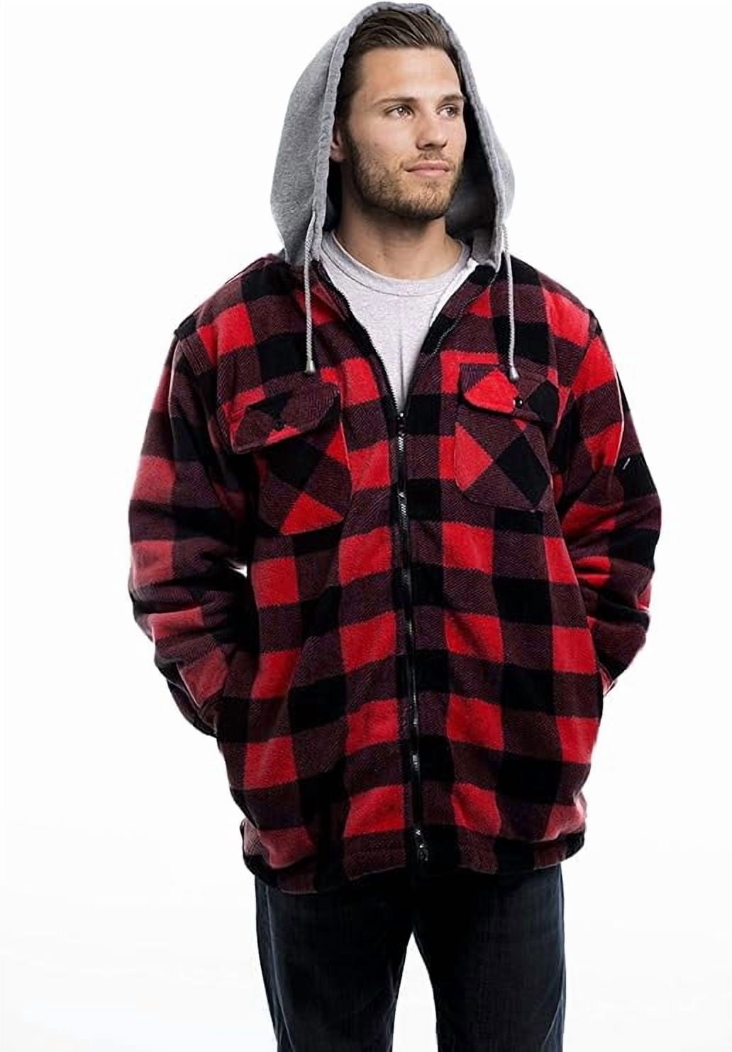 TrailCrest Men's Warm Sherpa Lined Hoodie Fleece Shirt Jacket, Classic Zip Up Buffalo Plaid, Red Plaid, Large