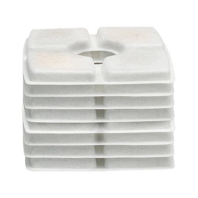 8PCS Cat Water Fountain Filters Square Pet Water Dispenser Filters Active Carbon Resin Filters. A set of eight white square filters made from cotton, active carbon, and resin, designed to filter out hair, debris, and dirt from pet water. Each filter measures 12.5 x 12.5 cm with a 3.3 cm center hole, compatible with most square pet water fountains. Suitable for maintaining clean and fresh water for cats and dogs. Filters should be rinsed before use and replaced every 2-4 weeks for optimal performance.