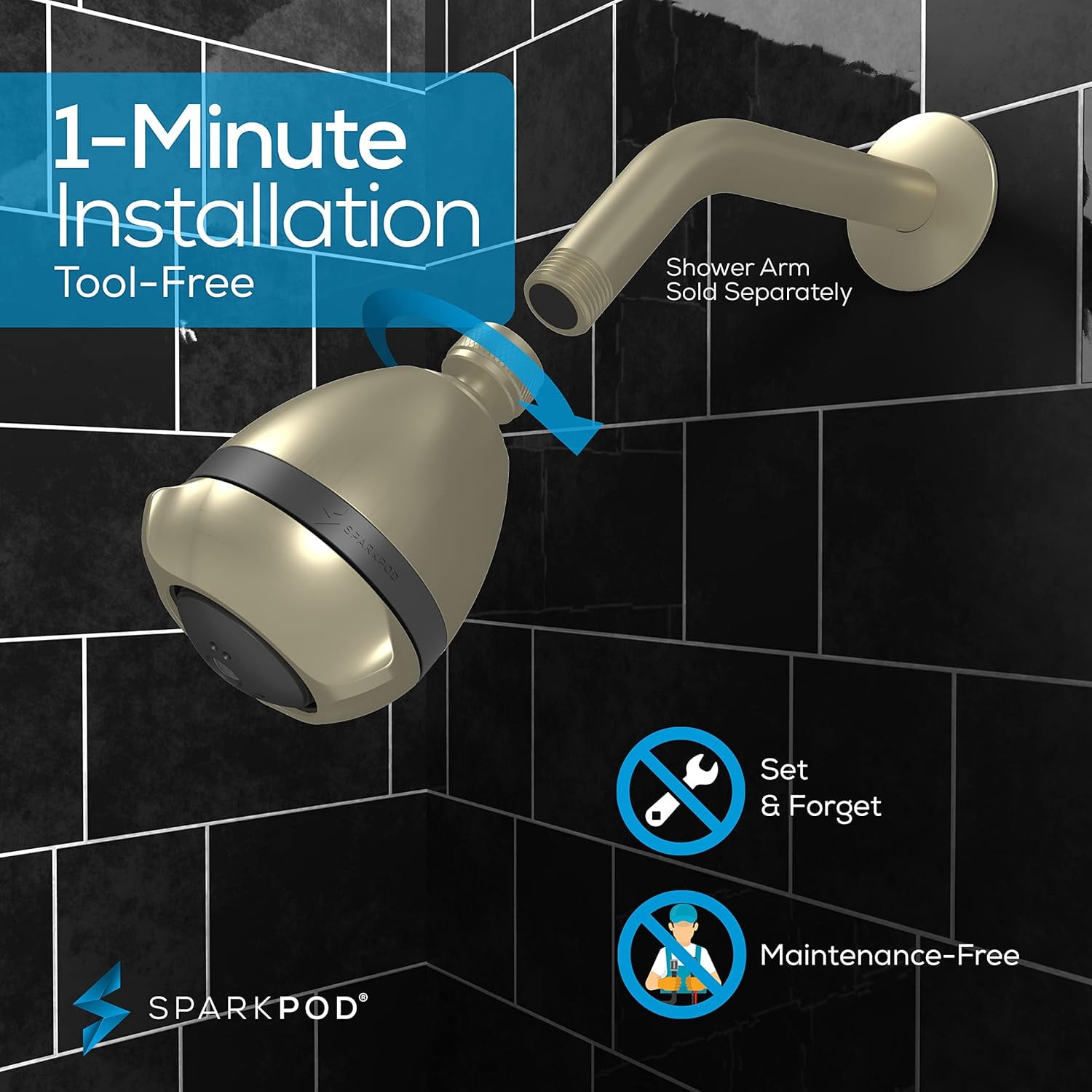 SparkPod High Pressure Shower Head - Rain, Massage & Pulsating Modes, Water-Saving, Wall Mount (Brushed Nickel)