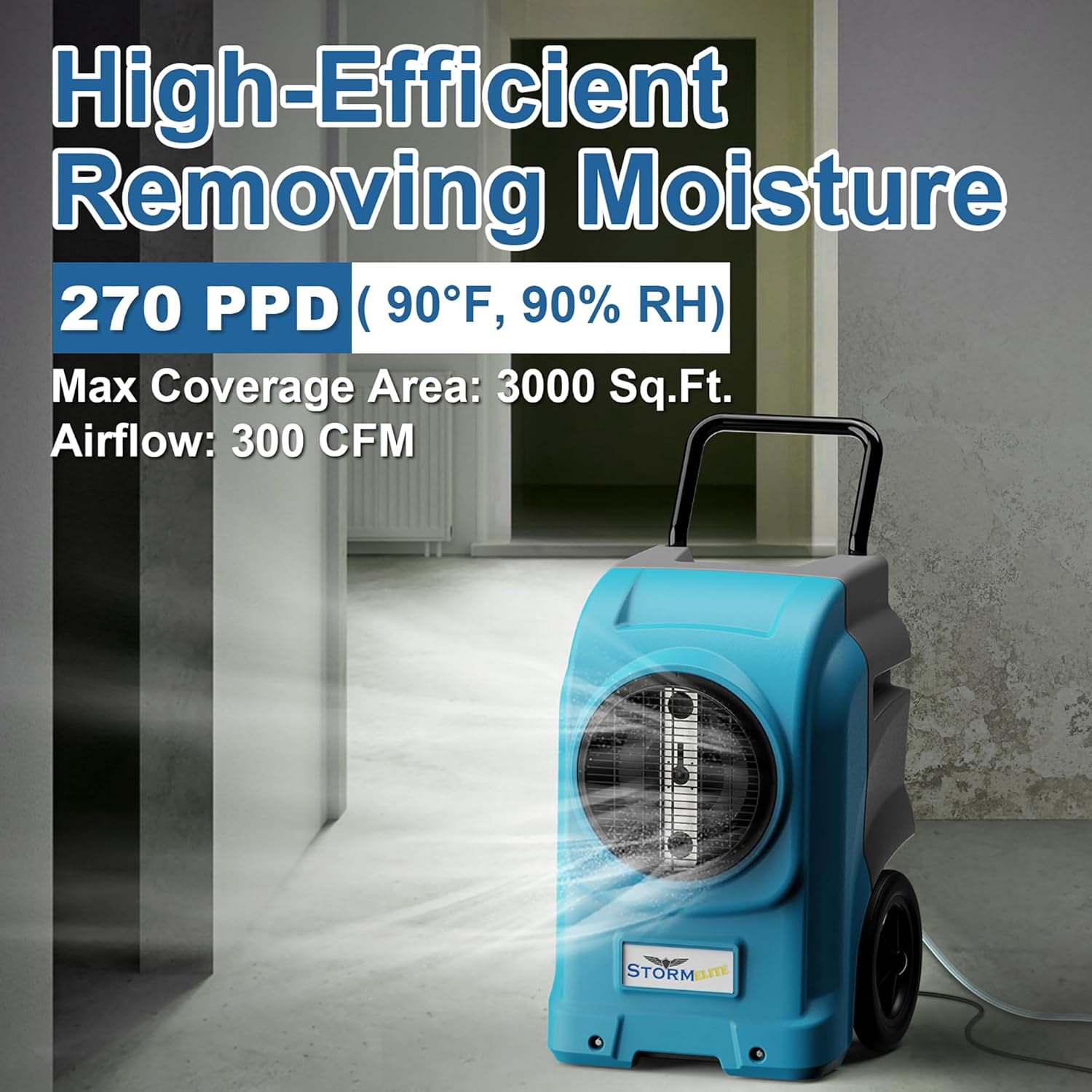 ALORAIR  270 Pints Commercial Dehumidifiers Smart Wi-Fi with Pump, Up to 3,000 Sq.Ft Coverage for Large Room or Basements, Industrial Dehumidifier with Drain Hose, 5 Years Limited Warranty, Blue