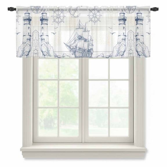 Nautical Ship Lighthouse Valance Curtains for Kitchen/Living Room/Bathroom/Bedroom Window, Rod Pocket Small Topper Half Short Window Curtains Voile Sheer Scarf, Ocean Anchor Rudder Lines Art 42"x18"