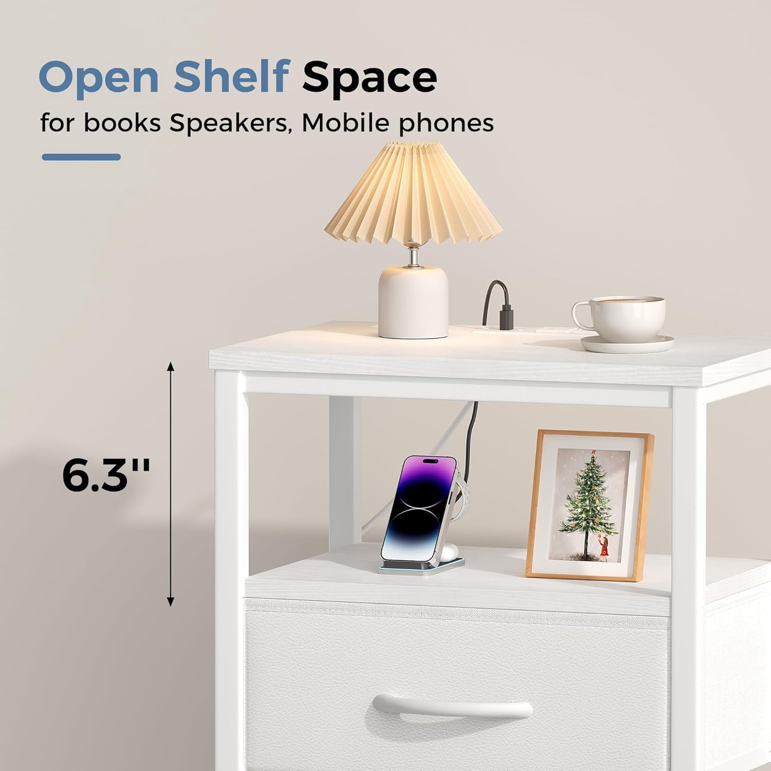 JIOABL 1 Drawer Nightstand with USB & Type-C Charging, Fabric Drawers, Metal Frame, White