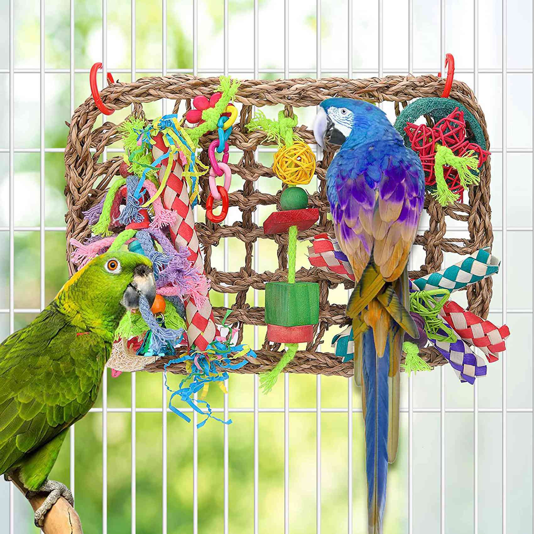 Bird Foraging Wall-Mounted Toy Natural Edible Seaweed Woven Climbing Hammock Toy with Colorful Shredded Toys for Small and Medium-Sized Birds Foraging Toys Parrots Cockatiels Hiziwimi Bird Chew Toy 