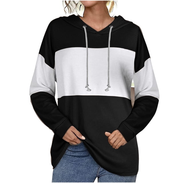 Rbaofujie Chandails d'Automne pour Femmes Mode Rayée Imprimée Manches Longues Amples Chandail en Molleton Décontracté à Capuche Noir Chandails à Capuchon pour Femmes
