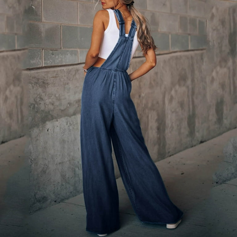 MITCOWBOY Body Suit Womens Washed Denim Bib Jeans Overalls Casual Ripped Denim Jumpsuits Rompers Long Sleeve Bodysuit Overalls Women Dark Blue L