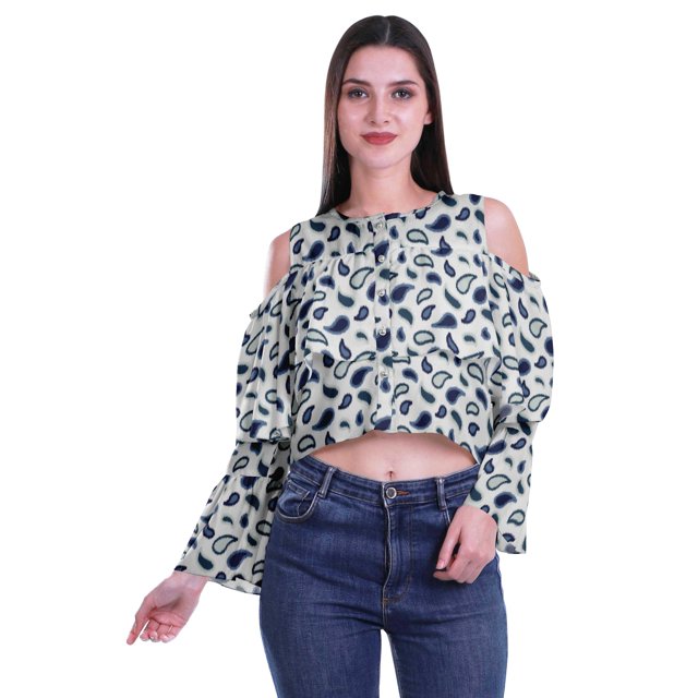 Moomaya Printed Casual Long Sleeve Tops Women Cold Shoulder Ruffle Sleeves Top
