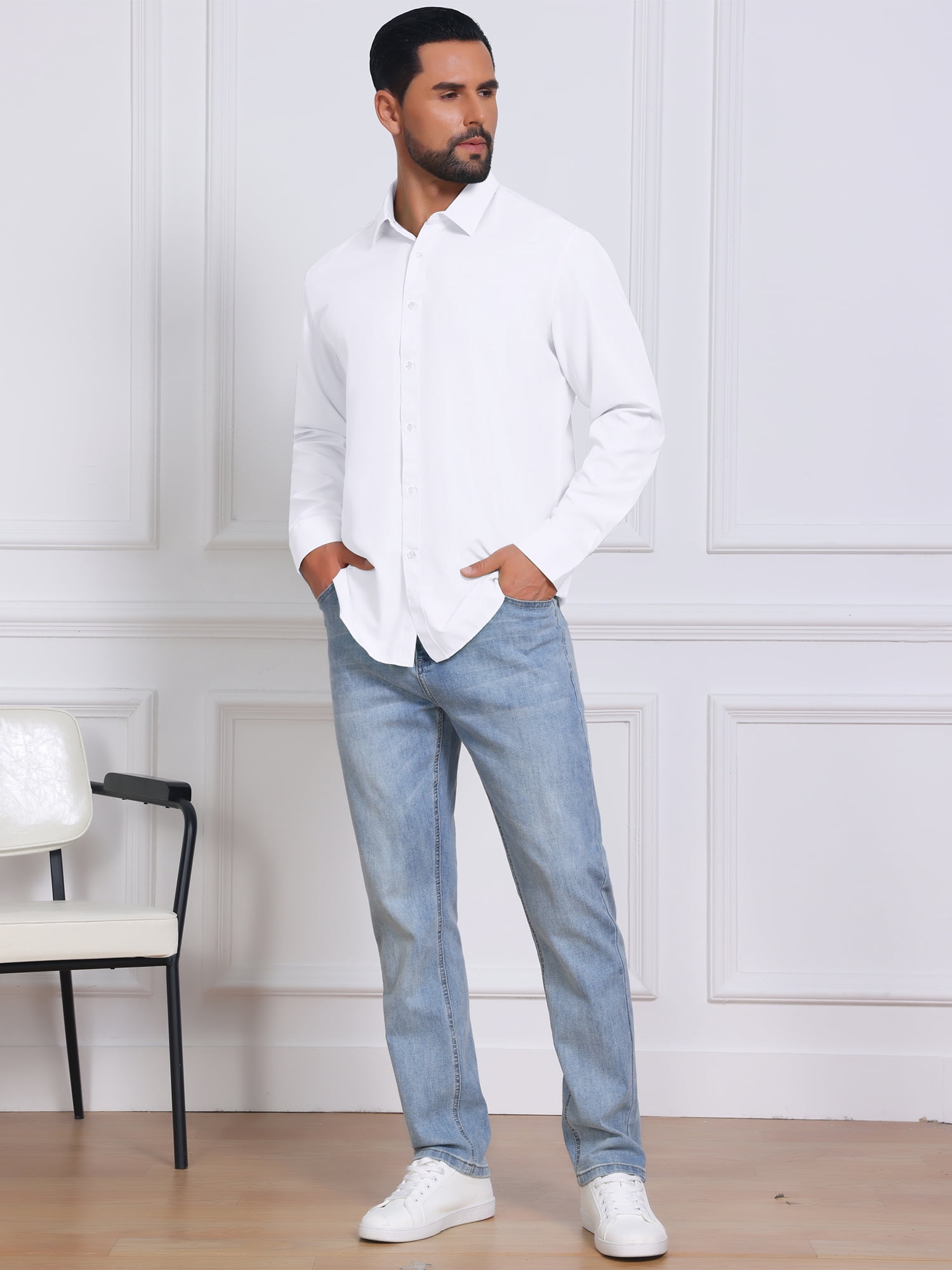 DARING DIVA Men's Solid Color Button Down Long Sleeves Stretch Shirts XL White