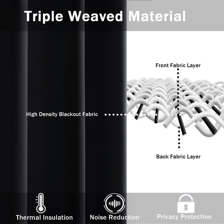 JIUZHEN Black Blackout Curtains for Bedroom Sewn with Tiebacks - Thermal Insulated Light Blocking Grommet Window Curtains for Living Room, 42 x 63 inch Length, Set of 2 Drape Panels